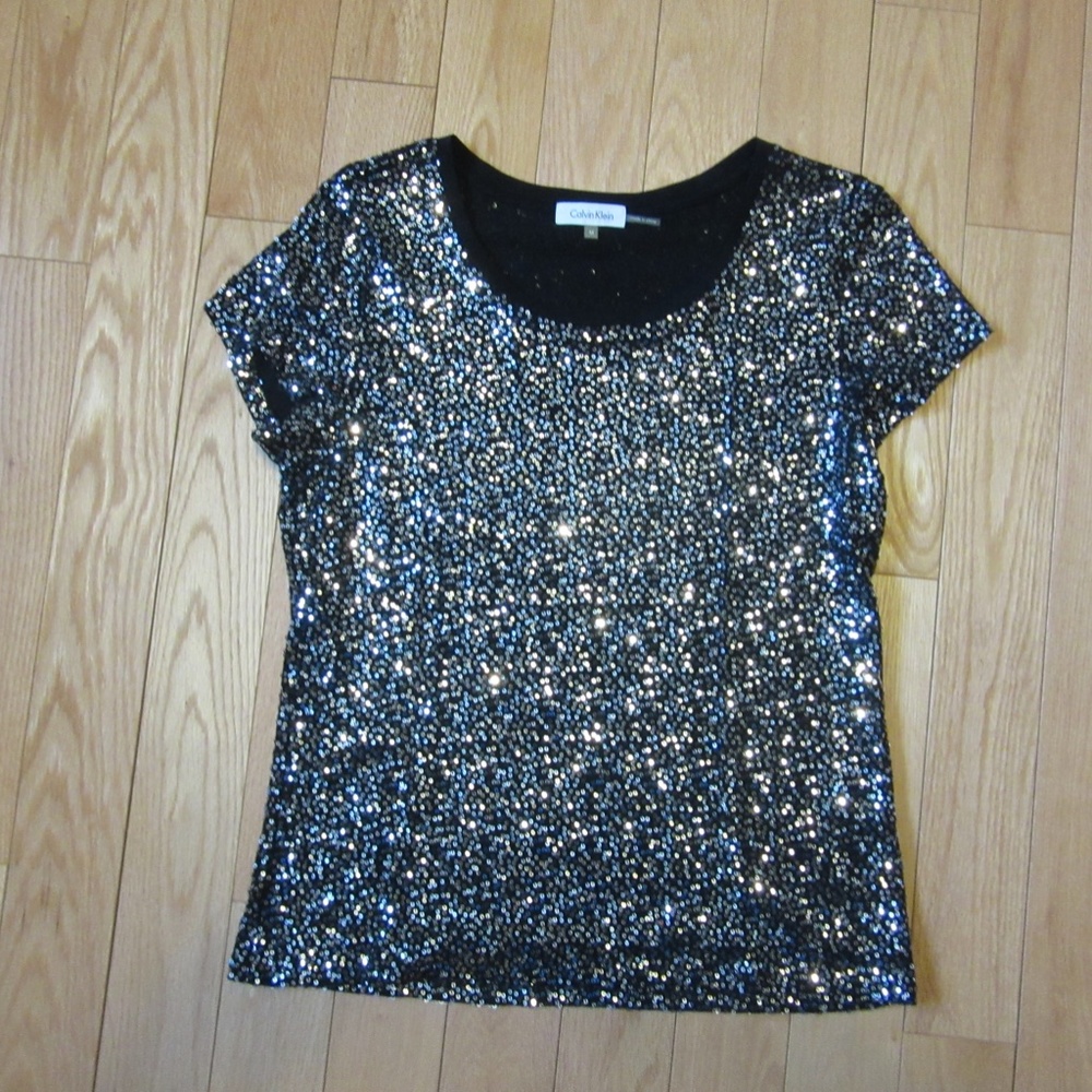 Calvin Klein Black Sequin Short Sleeve Scoop Neck Top